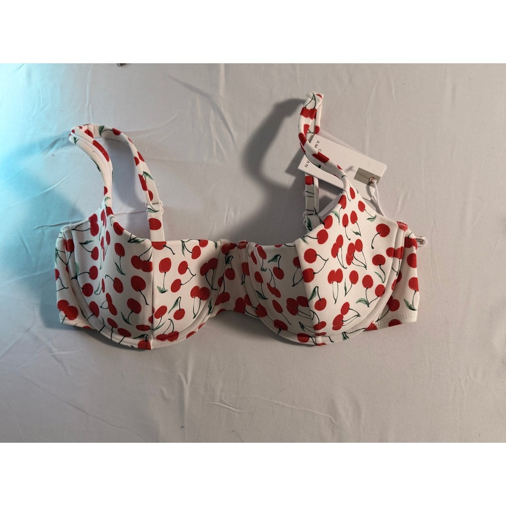 Good American Bikini Swim Top Cherry Print Underwire Bra Style Size L  Large NWT